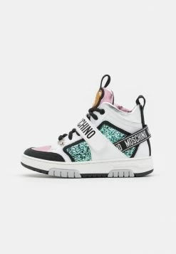 MOSCHINO BOX SOLE LACE STRAP LOGO TAPE AND LOGO PRINT - High-top Trainers - Black/pink/white/green