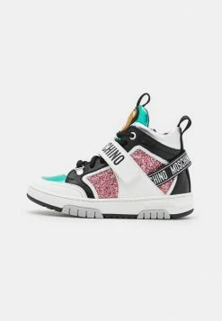 MOSCHINO BOX SOLE LACE STRAP LOGO TAPE AND LOGO PRINT - High-top Trainers - White/light Blue/black/pink